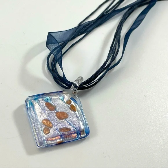 Unsigned Dichroic Glass Blue Silver Square Pendant Corded Black Ribbon Necklace